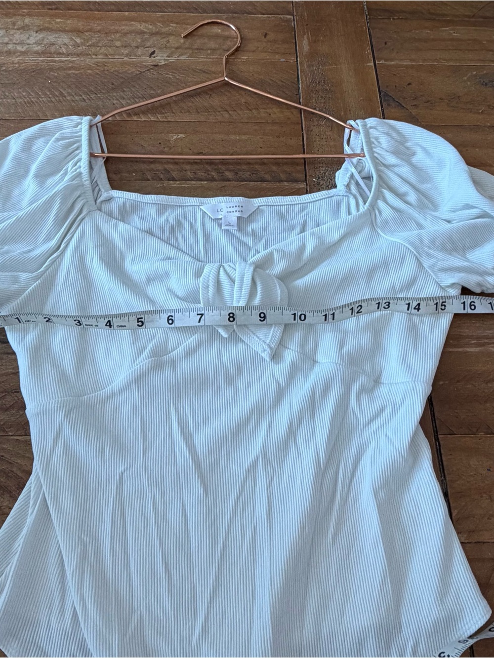 LC Lauren Conrad white Knot-Front Puff Sleeve Bodysuit large - Picture 6 of 6
